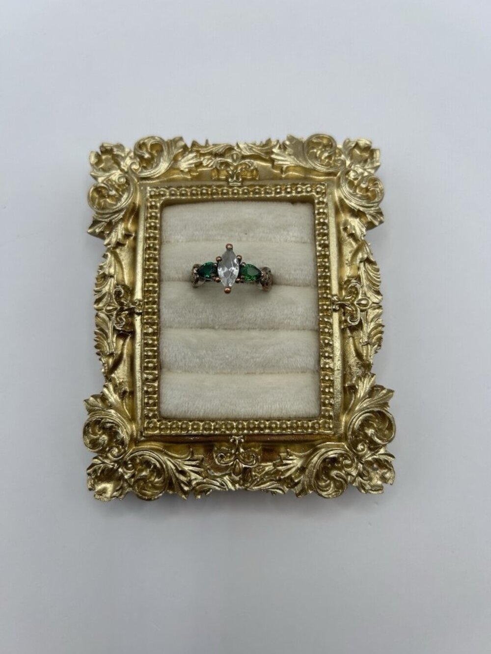 Vintage Marquise Clear & Green Stone Costume Ring Size 7 Mixed Metal As Is Craft - Picture 2 of 12